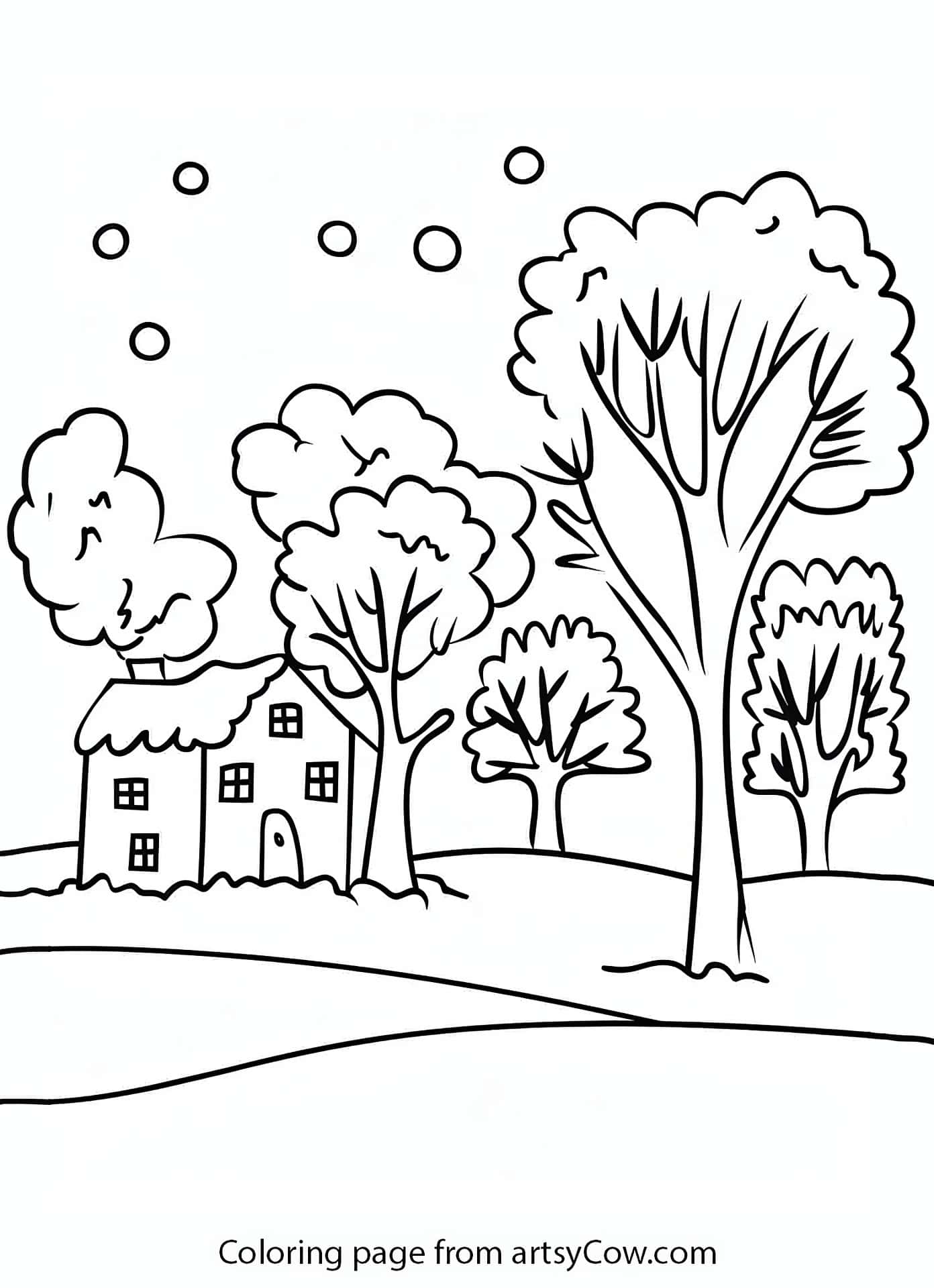 a tranquil winter scene with trees surrounding a quaint house